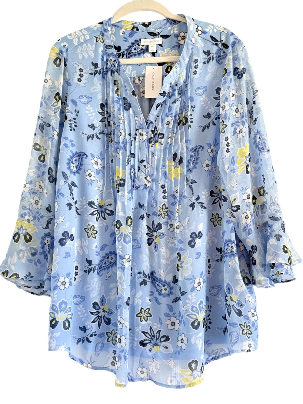 Charter Club Light Blue Floral Pintuck Blouse with Navy & Yellow Accents XXL